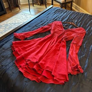 Elegant Red Lace Trim Dress